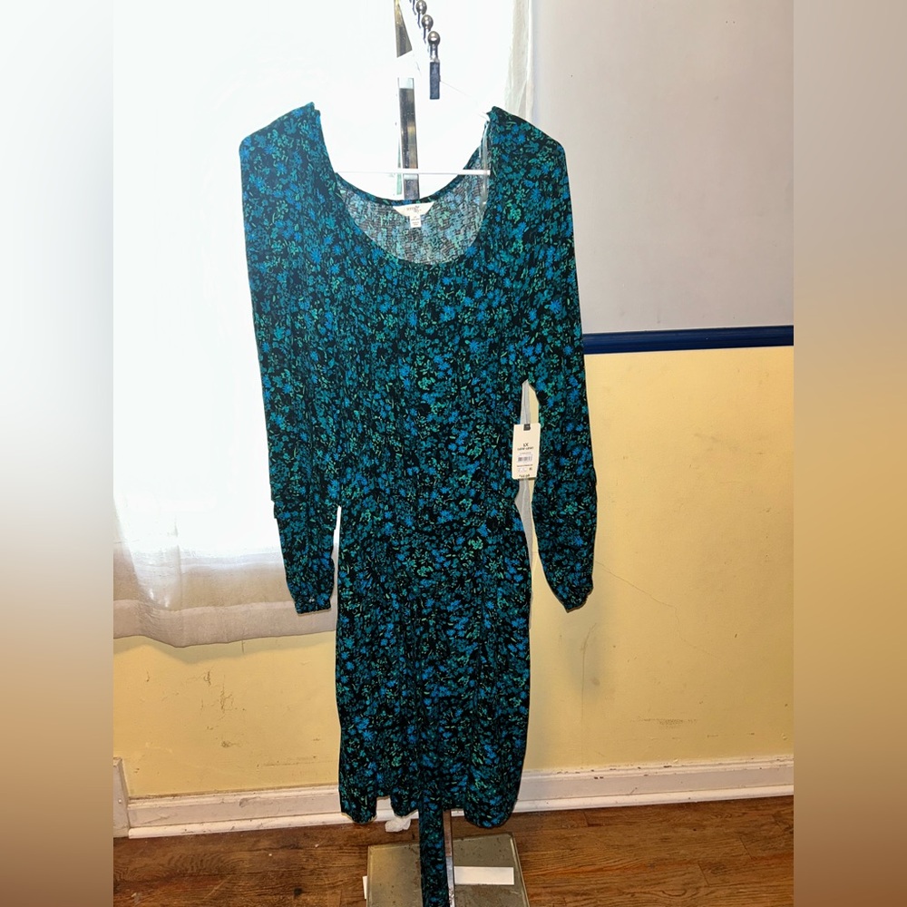 NWT Terra & Sky 1X Plus Blue Green Long Sleeve Floral Belted Pocket Dress